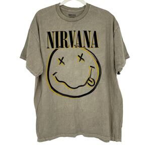Officially Licensed Nirvana Nevermind Smiley Grunge Tee Beige Acid Wash XL